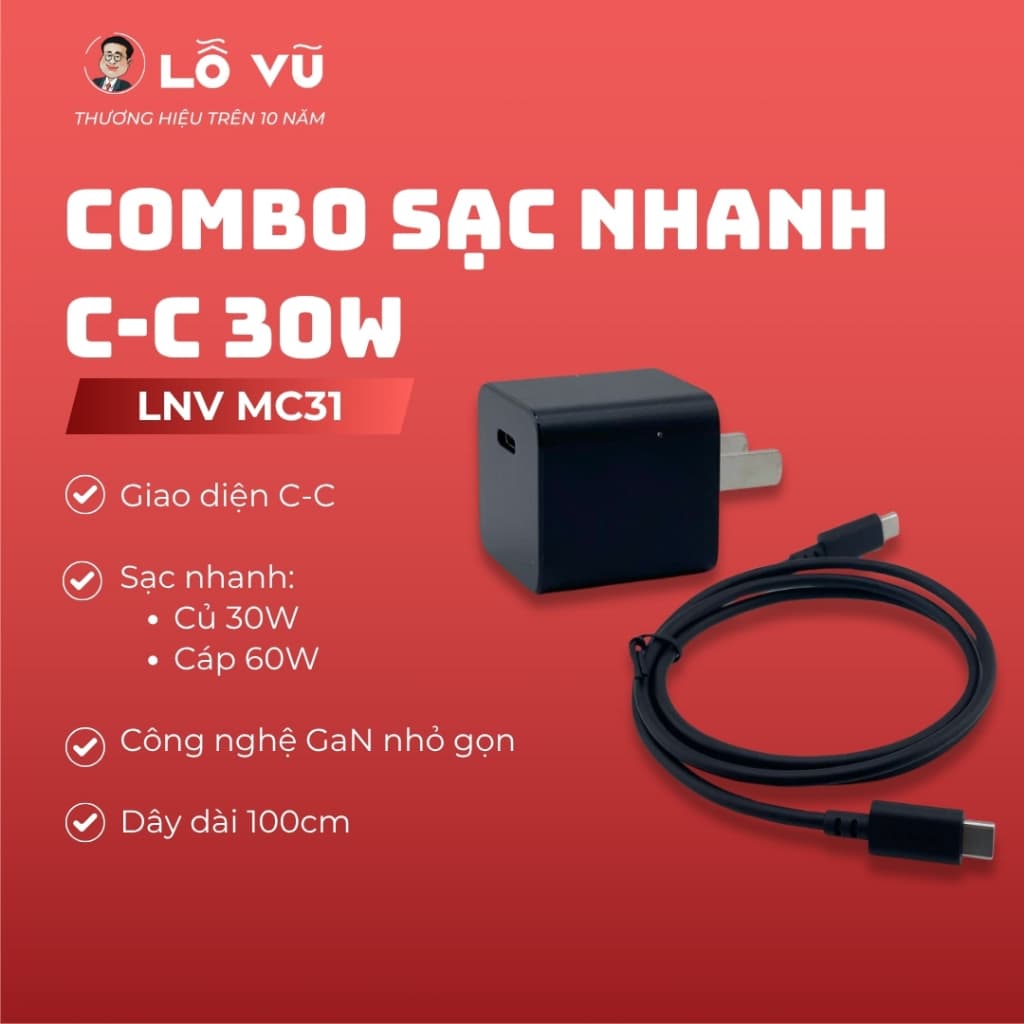 Bộ sạc cáp Lenovo 30W MC31 - Đen
