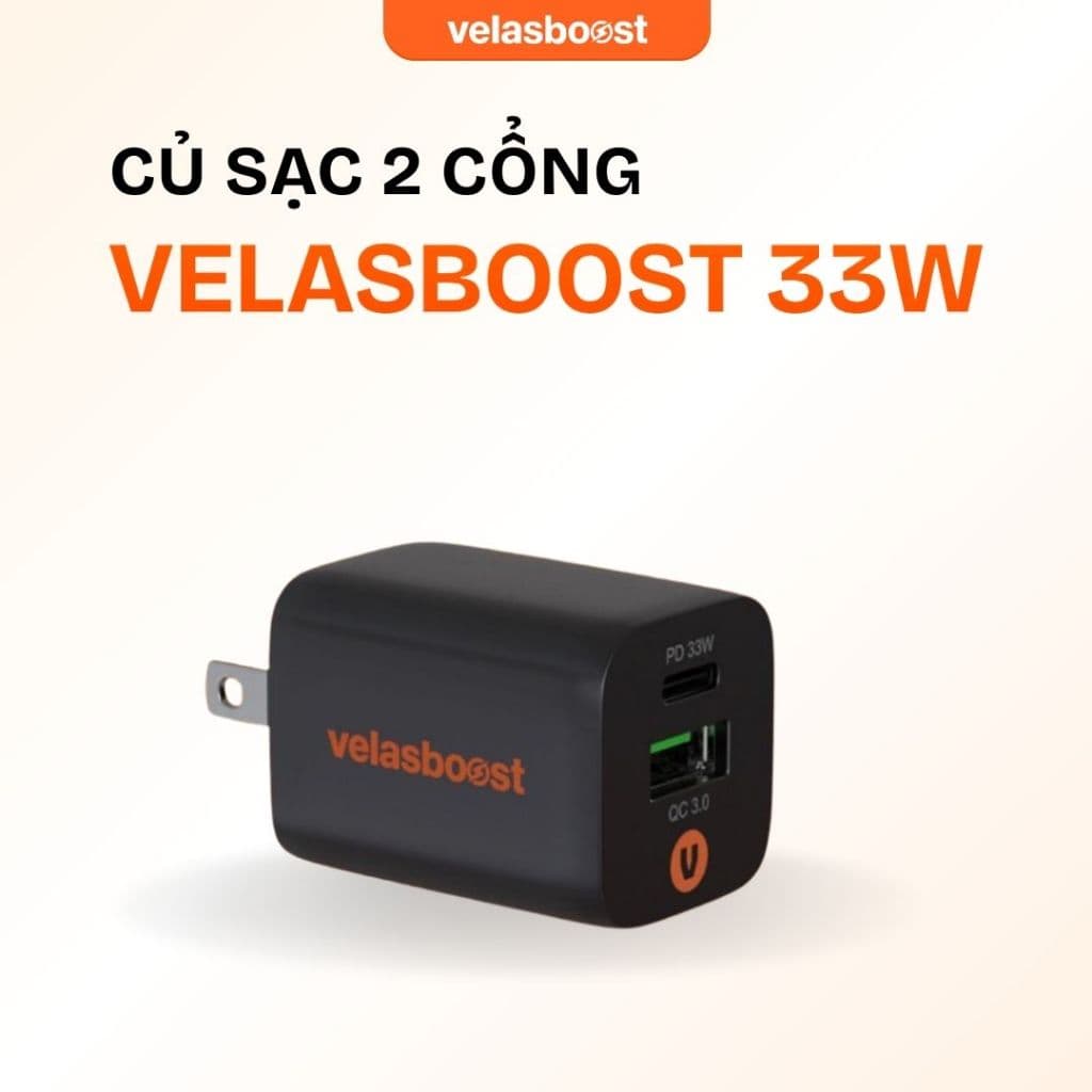 Combo CỦ SẠC VELASBOOST 33W 2 CỔNG (PD,QC) + CÁP SẠC NHANH C-L VELASBOOST BỌC DÙ FAST 27W (V2)