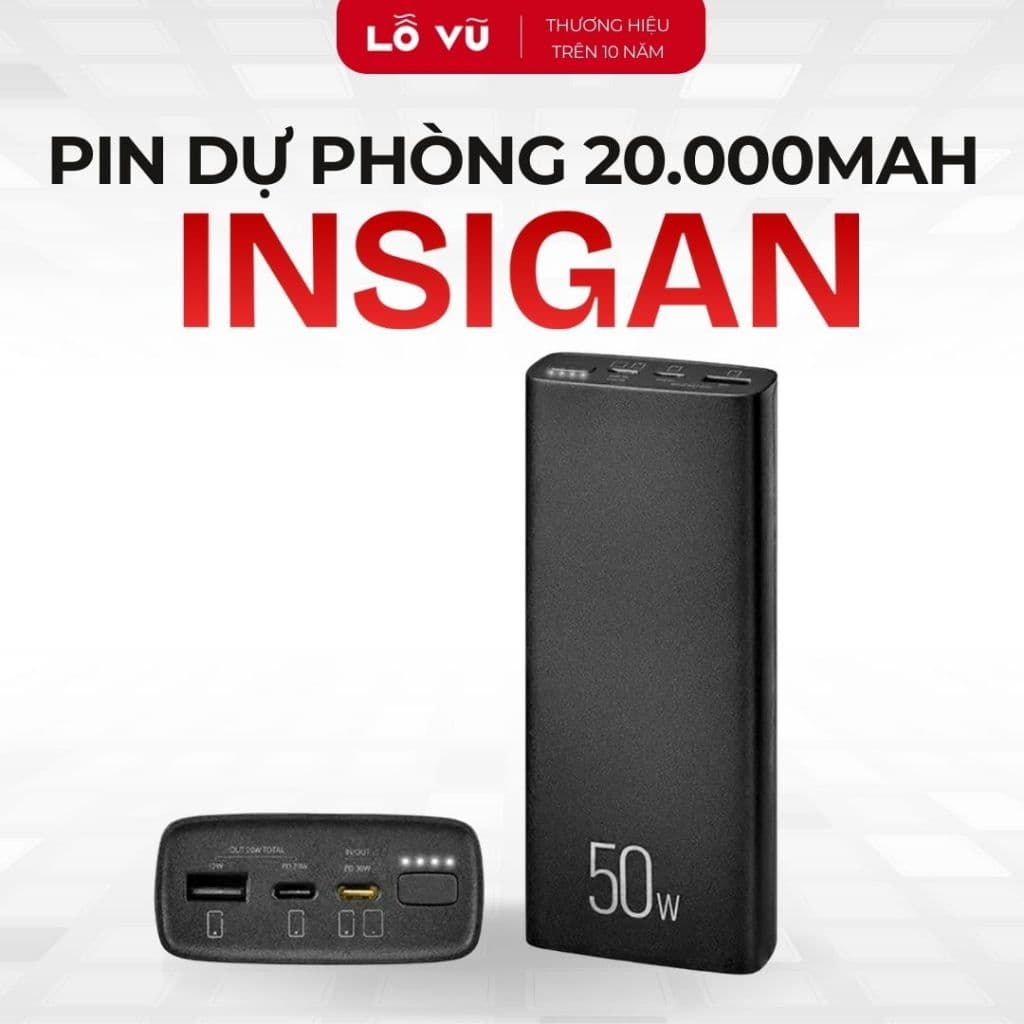 Combo - Pin dự phòng INSIGANIA 20,000mAh - Đen + Cáp Mfish C-L 20W