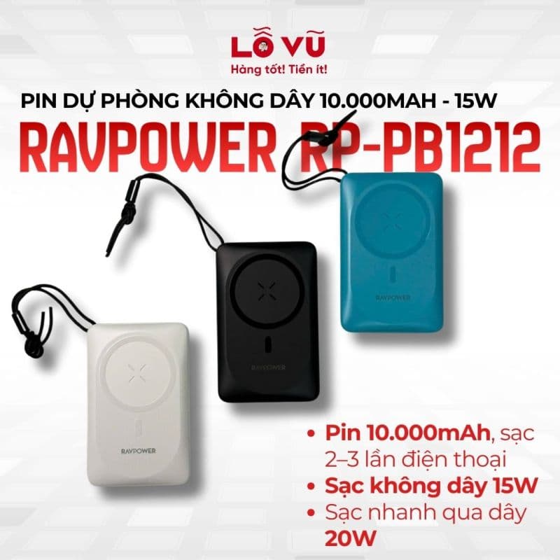 Pin dự phòng không dây 10.000mAh RAVPOWER - 15W - RP-PB1212
