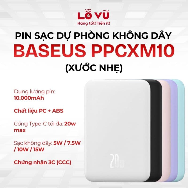 (Hàng thanh lý xước nhẹ) Pin sạc dự phòng không dây Baseus 10.000mAh (PPCXM10) - Sạc nhanh không dây 15W, hỗ trợ sạc có dây 20W, thiết kế nhỏ gọn tiện lợi