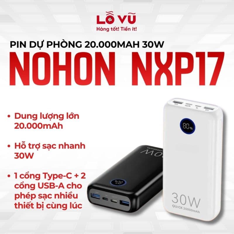 Pin dự phòng Nohon 20.000mAh 30W - NXP17 - Trắng