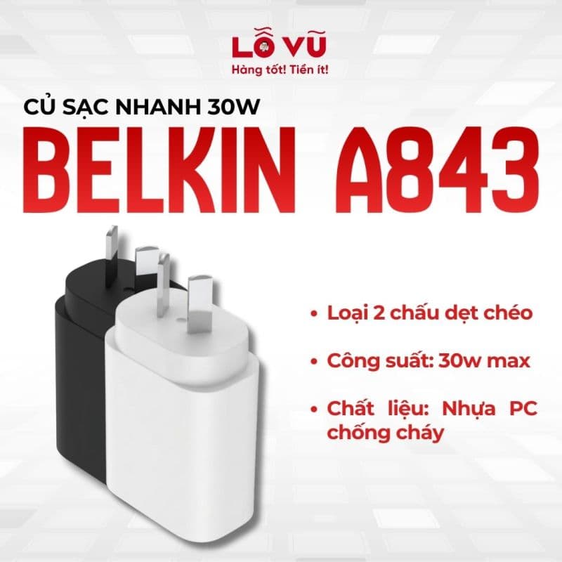 Củ sạc nhanh cao cấp Belkin 30W A843 - Chân dẹt chéo AU, hỗ trợ PD & PPS thông minh (Hàng Nobox / Xước nhẹ)