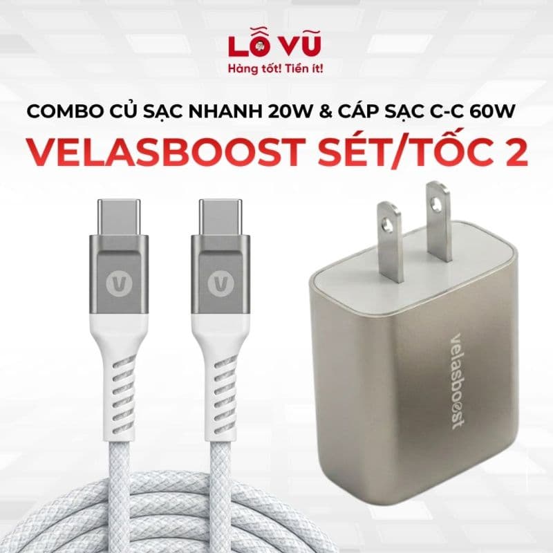 Combo Củ sạc nhanh 20W velasboost Tốc 2 + Cáp sạc nhanh C to C 60W velasboost - Sét C