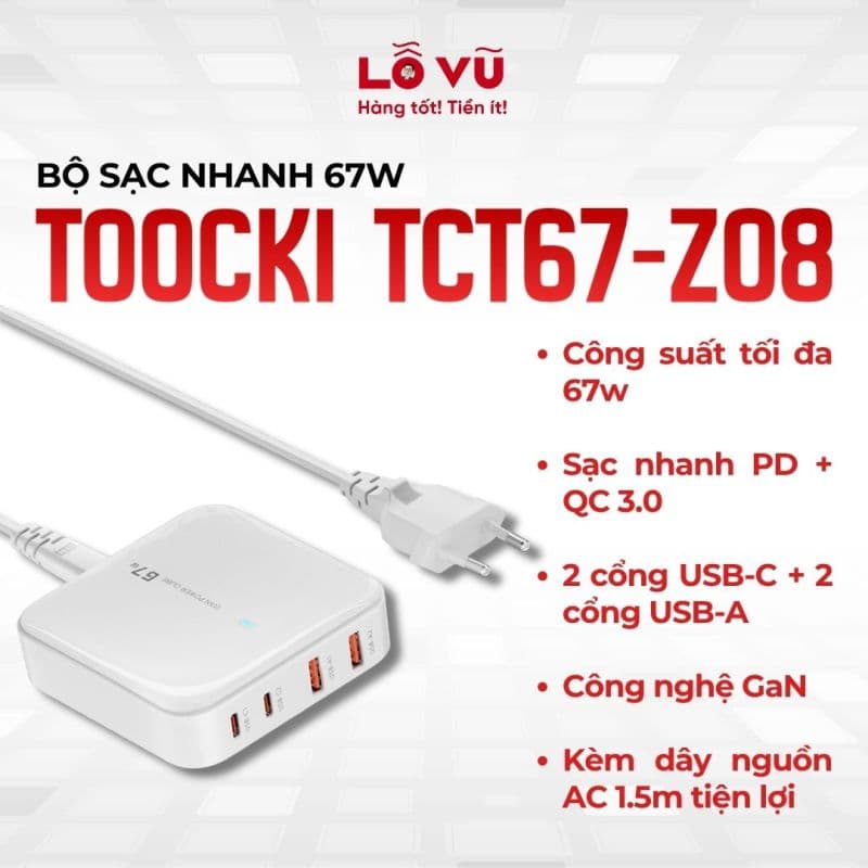 Bộ sạc nhanh 67W Toocki TCT67-Z08 - Củ sạc nhanh nhiều thiết bị, ổ chia điện thông minh công nghệ GaN