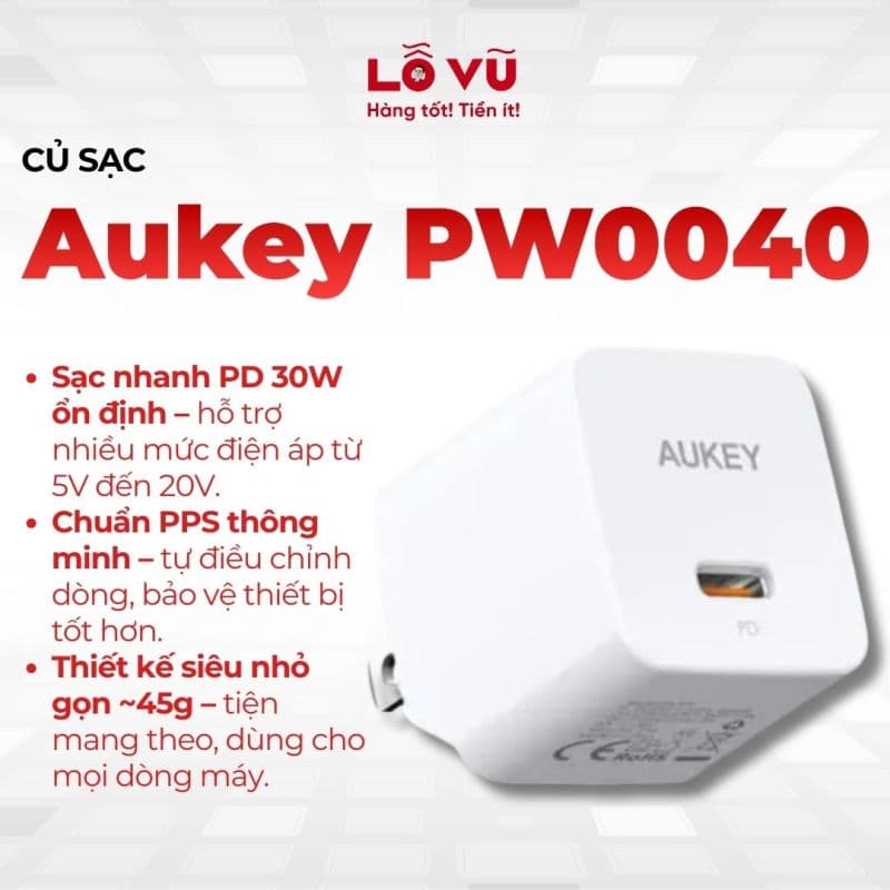Củ sạc nhanh Aukey PW0040 30W - Hỗ trợ công nghệ sạc nhanh PD 3.0 & PPS, tối ưu hiệu suất cho iPhone, Samsung và iPad