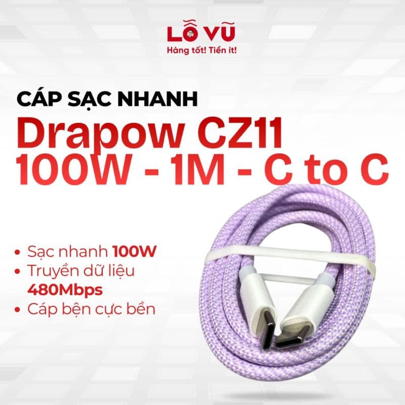 Cáp sạc nhanh Drapow CZ11 100W - 1M - C to C - Đen