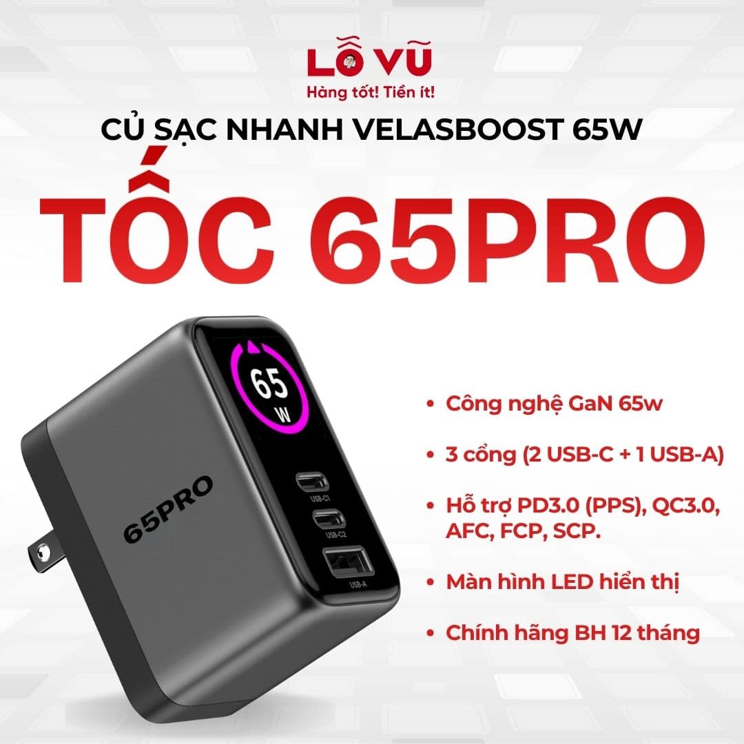 Củ sạc nhanh Velasboost 65W - Tốc 65Pro - Sạc cùng lúc 3 thiết bị, Công nghệ GaN tỏa nhiệt thấp, Chuẩn PD 3.0 (PPS), Màn hình AI thông minh