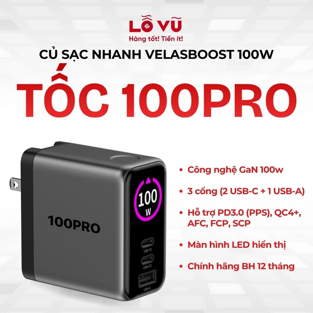 Củ sạc nhanh Velasboost 100W - Tốc 100Pro - Chuẩn PD 3.0 (PPS), 2 USB-C + 1 USB-A, sạc cùng lúc 3 thiết bị, công nghệ GaN tỏa nhiệt thấp, màn hình AI thông minh