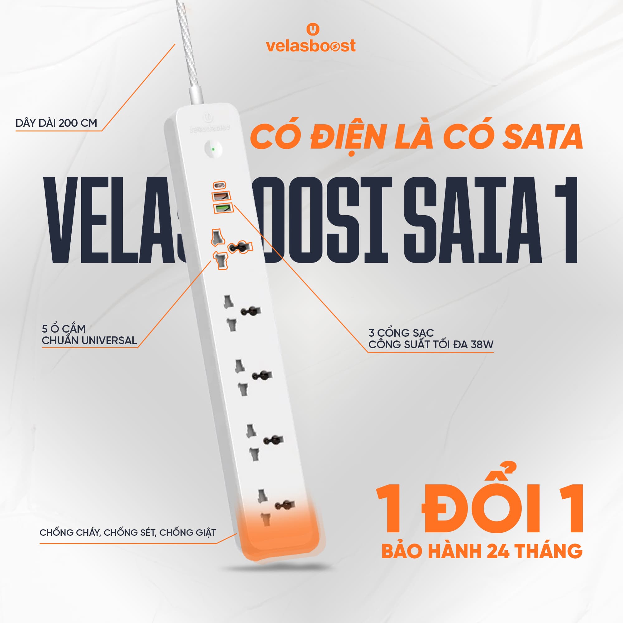 Ổ cắm điện Velasboost SATA1 - 2500W, sạc nhanh 38W, bảo vệ toàn diện