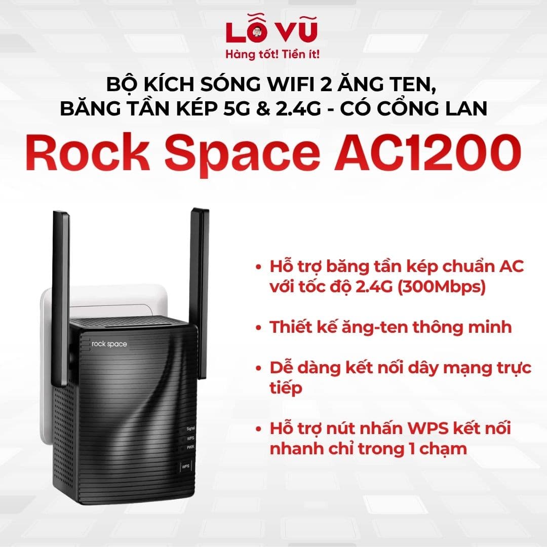 Bộ kích sóng Wifi Rock Space AC1200 , 2 ăng ten, băng tần kép 5G & 2.4G - có cổng LAN