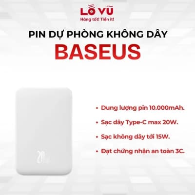 Pin dự phòng không dây Baseus 10.000mAh - PPCXM10 - sạc nhanh 20W, sạc không dây 15W tiện lợi, an toàn đạt chuẩn 3C