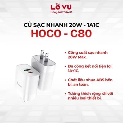 Củ sạc nhanh Hoco C80 20W (1A1C) - Sạc nhanh PD 20W & QC 18W, hỗ trợ PPS, thiết kế nhỏ gọn đa năng