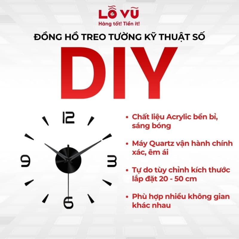 Đồng hồ treo tường kỹ thuật số DIY - Bề mặt Arcrylic sáng bóng, máy quartz kim trôi siêu êm
