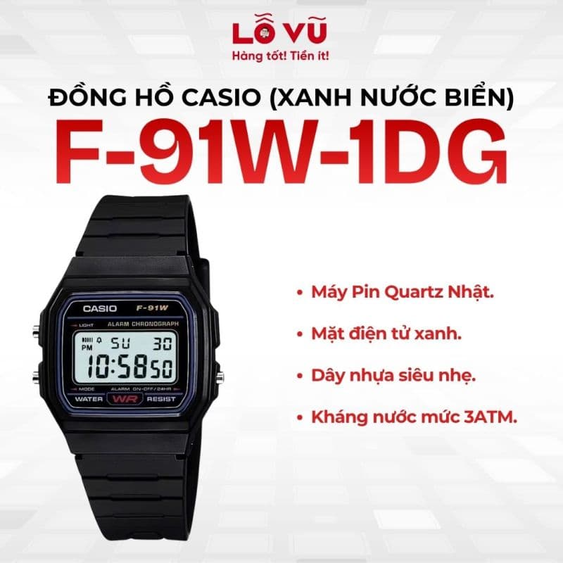 Đồng hồ casio F-91W-1DG (xanh nước biển) - Thiết kế chữ nhật gọn gàng, chất liệu nhựa resin ôm tay, pin quartz chính xác bền bỉ, kháng nước 3atm
