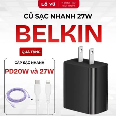 (Tặng 2 cáp C-L) Củ Sạc Nhanh BELKIN 27W, Chân Dẹt - Hỗ Trợ Chuẩn Sạc Nhanh PD, Thiết Kế Nhỏ Gọn, Vật Liệu Chống Cháy Cao Cấp (Hàng Nobox)