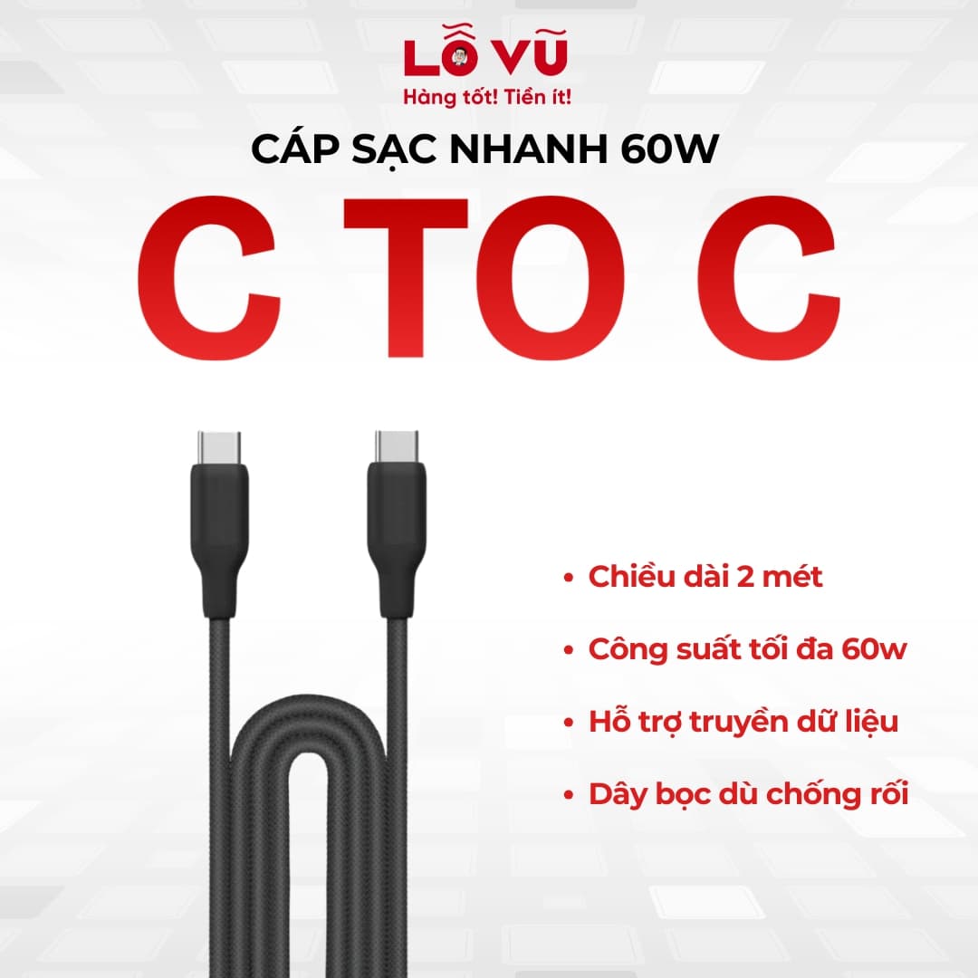 Cáp sạc USB-C to USB-C 60W dài 2M (Đen) - Vỏ bện nylon siêu bền, chống rối, hỗ trợ sạc nhanh PD