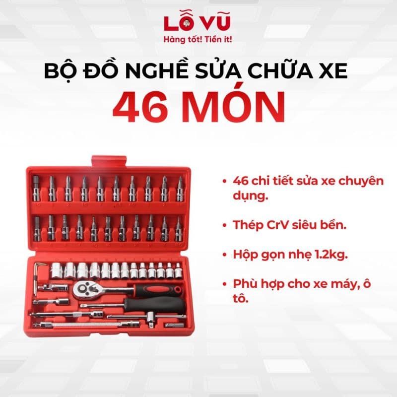 Bộ Đồ Nghề Sửa Chữa Xe 46 Món - Thép CRV chuyên dụng, nhỏ gọn tiện lợi