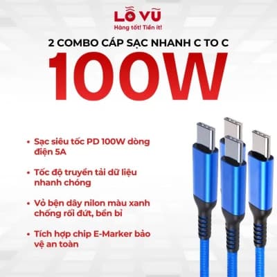 Combo 2 và Combo 3 Cáp sạc nhanh C to C 100W (Random mẫu/ màu/ chiều dài)