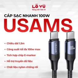 Cáp sạc C to C Usams 100W dài 1.3M - Sạc nhanh điện thoại - laptop, truyền dữ liệu siêu tốc 20Gbps chuẩn USB 3.2