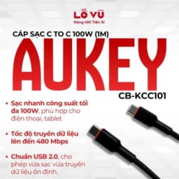Cáp sạc Aukey USB-C to USB-C 100W (1M) - CB-KCC101 - Sạc siêu nhanh chuẩn PD, dây bện nylon siêu bền, tương thích laptop & thiết bị di động