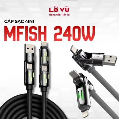 (Nobox) Cáp sạc 4 in 1 Mfish 1mét2 / 2mét - Sạc nhanh 240W, hỗ trợ chuẩn PD 3.1, dây silicone/PVC bền bỉ, chip thông minh E-marker