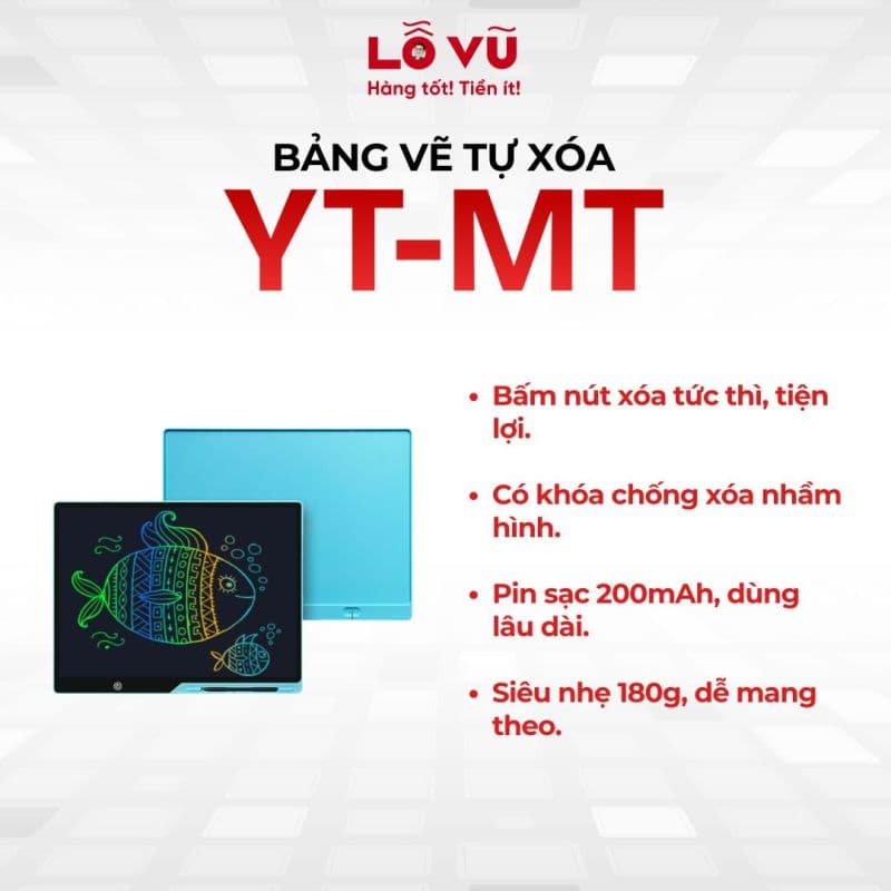Bảng vẽ tự xóa YT-MT - Bảng vẽ LCD điện tử đa sắc tự xóa thông minh 14 inch kèm bút cho bé sáng tạo