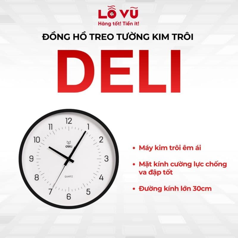 Đồng hồ treo tường kim trôi Deli - Kim trôi không ồn, phong cách tối giản, trang trí phòng khách
