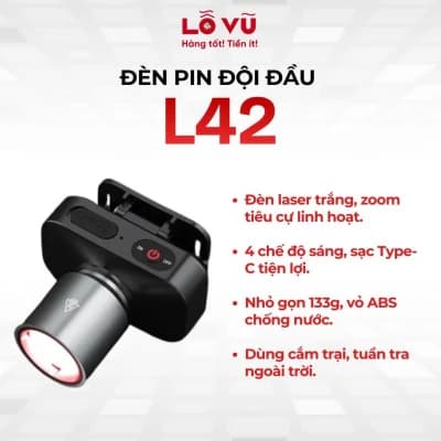 Đèn pin đội đầu L42 - Laser trắng siêu sáng, thu phóng linh hoạt, sạc Type-C