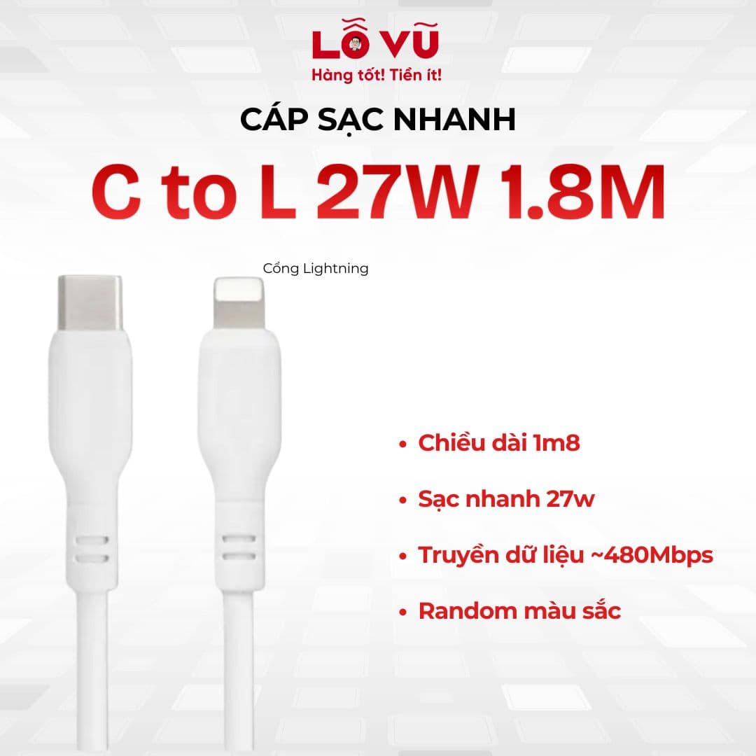 (Random trắng/ đen) Cáp sạc C to Lightning 27W dài 1.8M - Hỗ trợ sạc nhanh PD 3.0, vỏ PVC bền bỉ, thiết kế tinh tế