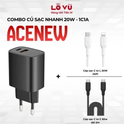 Combo Củ sạc nhanh 20W - 1C1A - Acenew tặng Cáp sạc C to L JAPI 20w hoặc Cáp C to C 60w