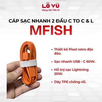 Cáp sạc 2 trong 1 Mfish C to C & Lightning dài 1.2M - Sạc nhanh PD 60W, thiết kế Pixel Retro độc đáo, chất liệu TPE chống rối