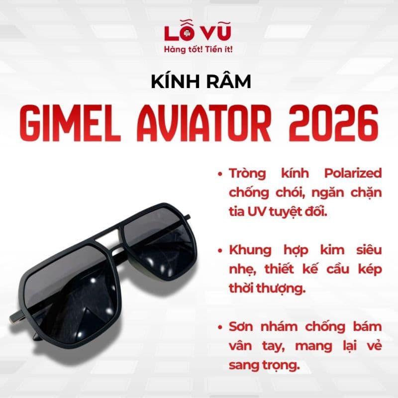 Kính râm GIMEL AVIATOR 2026, kèm túi đựng & khăn lau kính