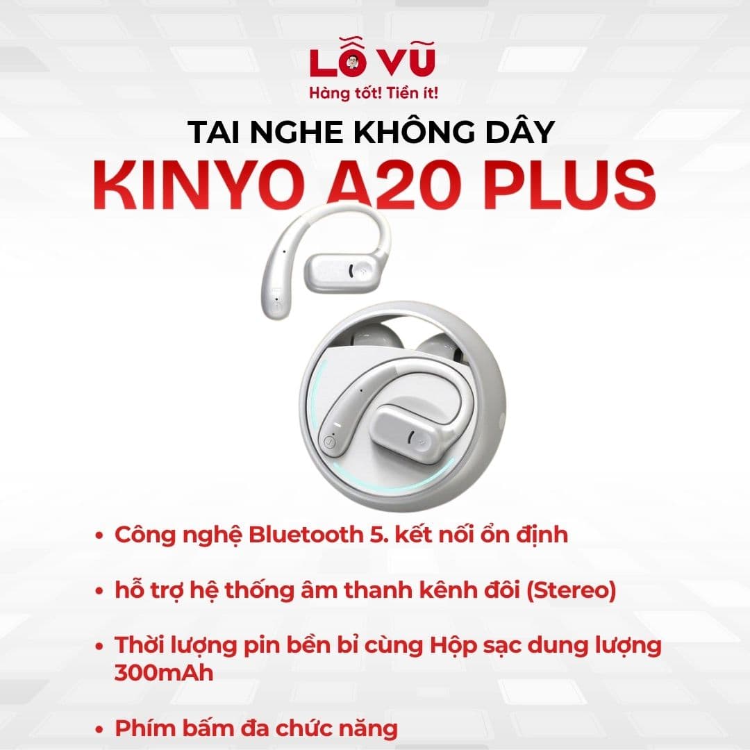 Tai nghe KINYO A20 PLUS - Tai Nghe Bluetooth 5.3 Âm Thanh Stereo Sống Động Tăng Giảm Âm Lượng Cảm Ứng Tiện Lợi