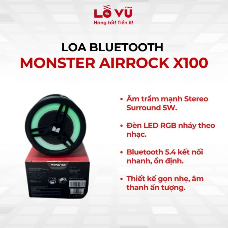 Loa bluetooth Monster AirRock X100 - âm thanh vòm sống động, đèn LED RGB theo nhịp nhạc, bluetooth 5.4 ổn định