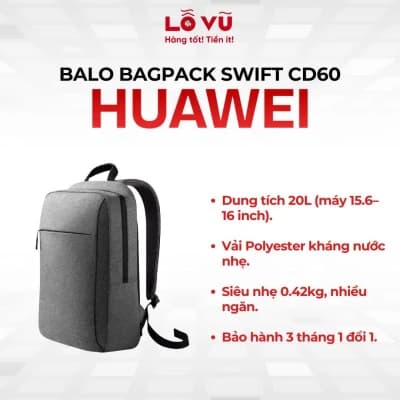 Balo Huawei Bagpack Swift CD60 - Balo laptop chống nước nhẹ, chống sốc HUAW Swift, vừa laptop 15.6 inch, không gian siêu rộng