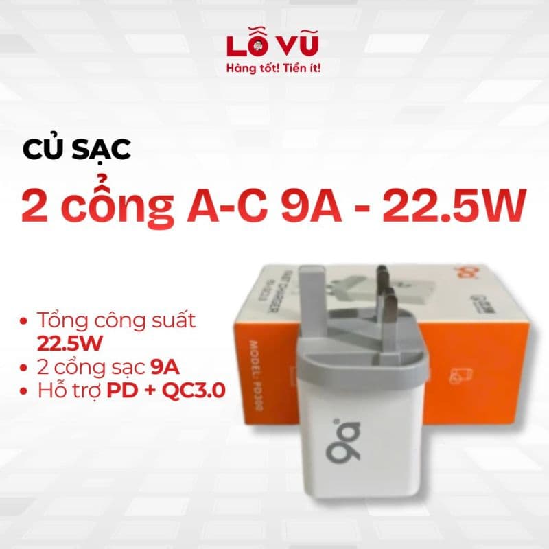 Củ sạc 2 cổng 9A - 22.5W