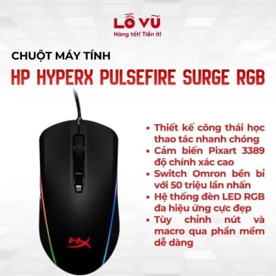 Chuột HP HyperX Pulsefire Surge RGB - Cảm biến Pixart 3389 cao cấp, Hệ thống đèn LED RGB 360°