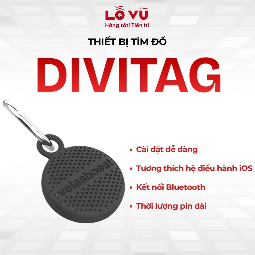 Thiết bị định vị tìm đồ, tìm vật Divitag Velasboost, Blt 5.2, Tương thích hệ điều hành iOS, Tặng kèm ốp silicon, móc treo chìa khóa