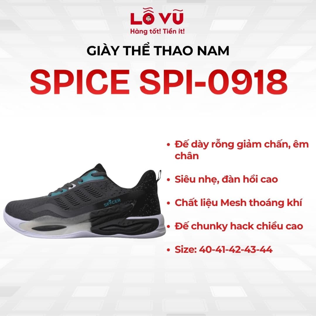 Giày Spicer Nam SPI-0918 - Chất liệu Mesh thoáng khí, đế chunky hack chiều cao, đế giày rỗng giảm chấn êm chân