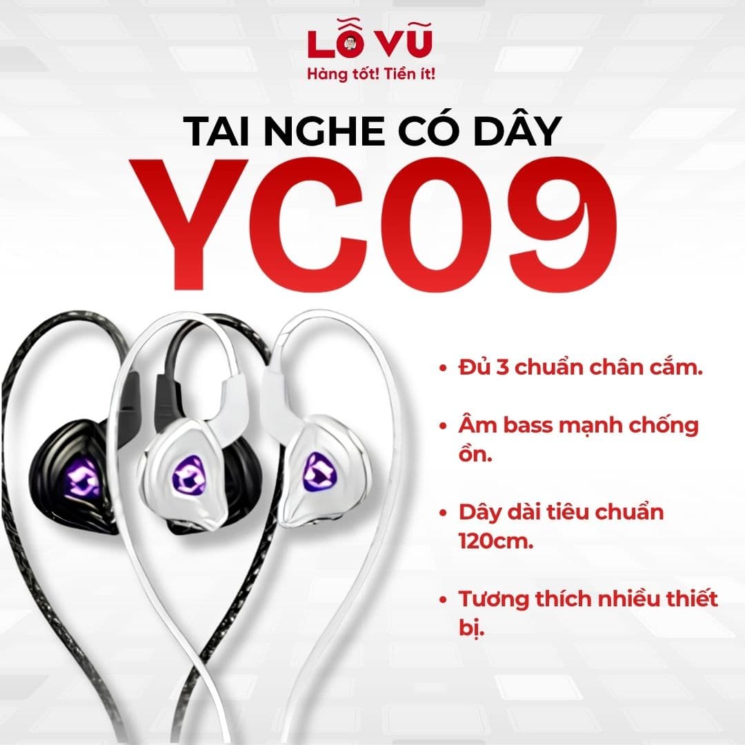 Tai nghe có dây YC09 - 3 chuẩn cắm kết nối, âm bass mạnh chống ồn, thiết kế gọn nhẹ, dài 120cm