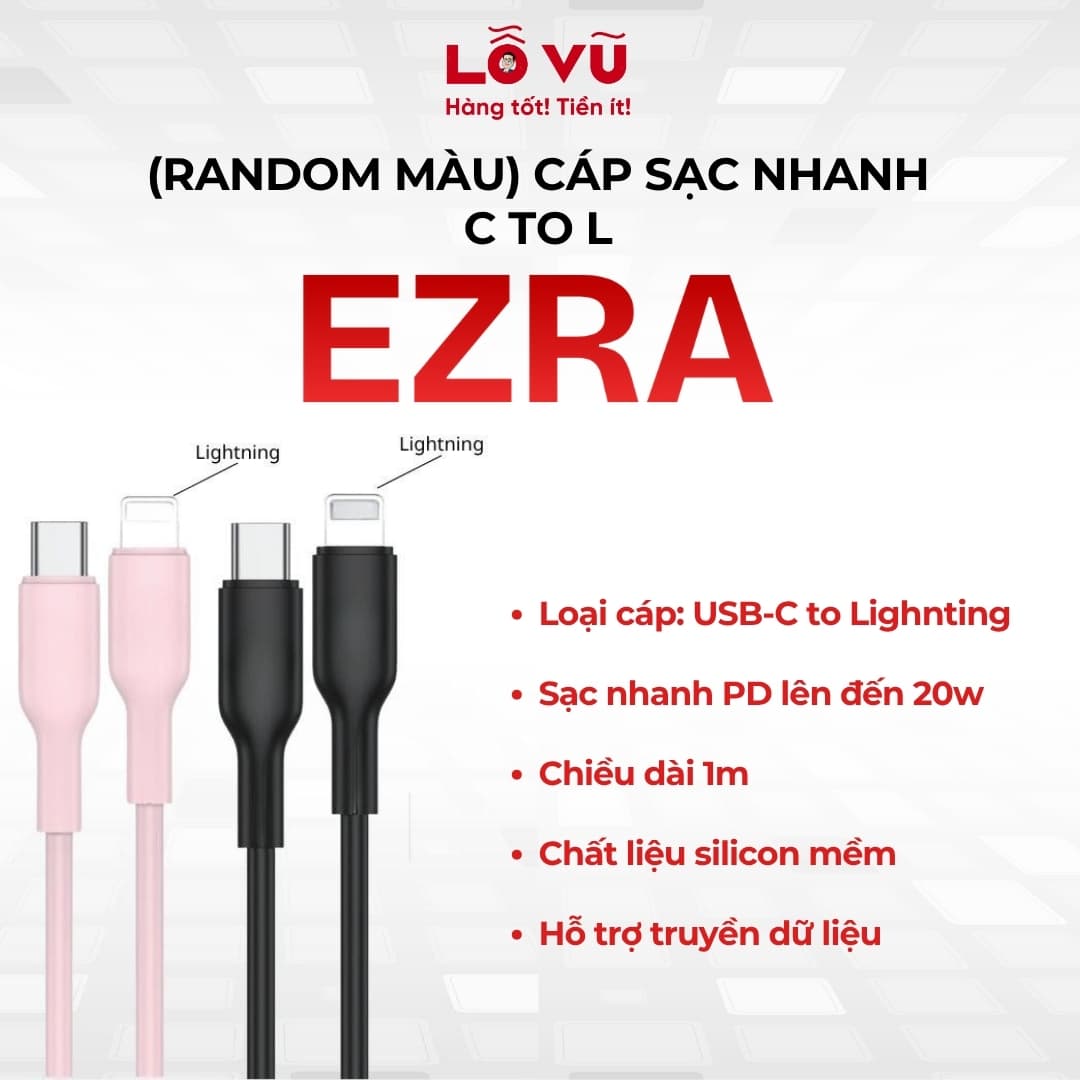 (Nobox - nhiều màu) Cáp sạc C to L EZRA, Sạc nhanh 20w max, Chiều dài 100cm, Truyền dữ liệu