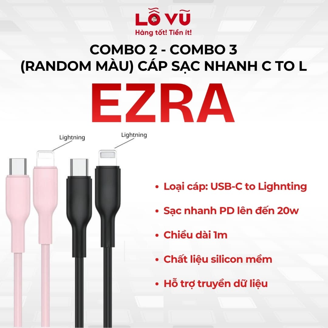 Combo 2 & Combo 3- Cáp sạc C to L EZRA, Sạc nhanh 20w max, Chiều dài 100cm, Truyền dữ liệu (Nobox - nhiều màu)