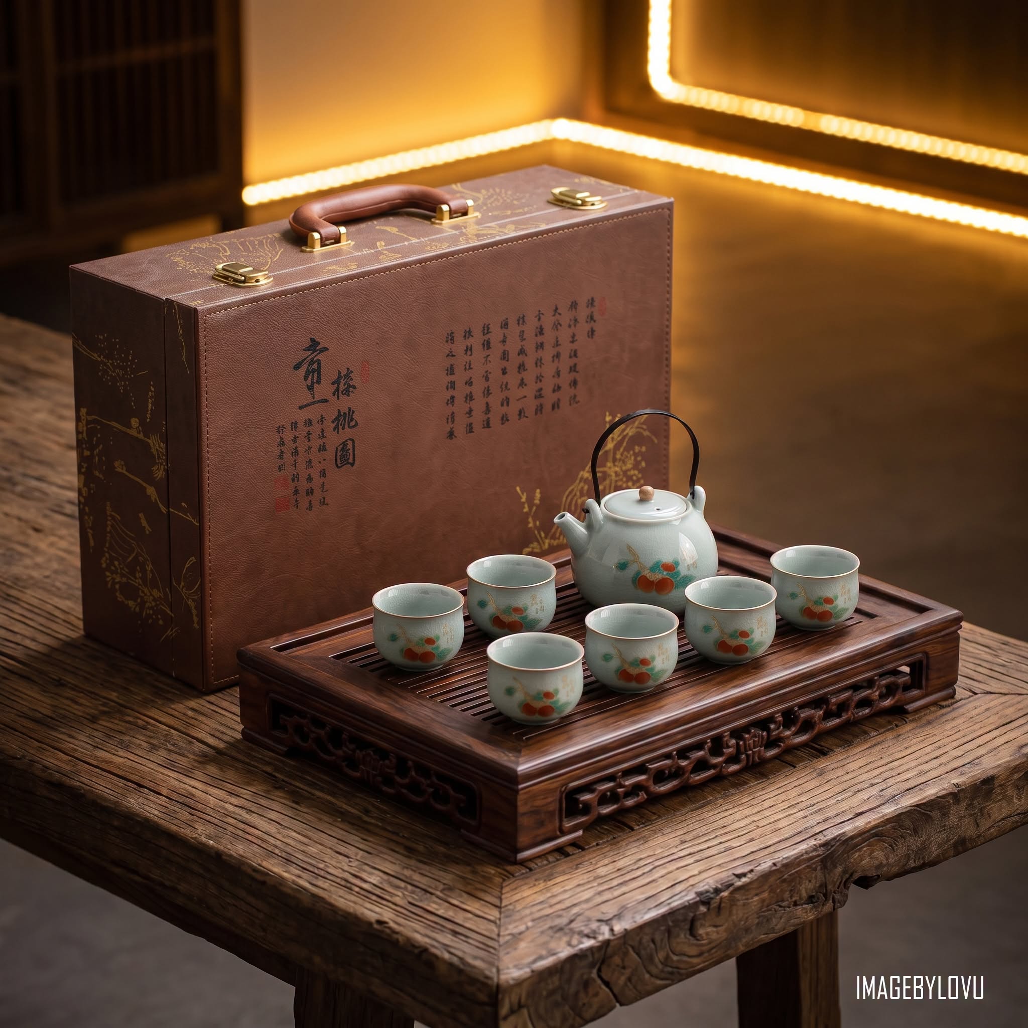 Bộ Ấm chén Trà Sứ Men Ngọc Băng Rạn - Họa Tiết Quả Hồng "Sự Sự Như Ý" - Kèm Hộp Quà