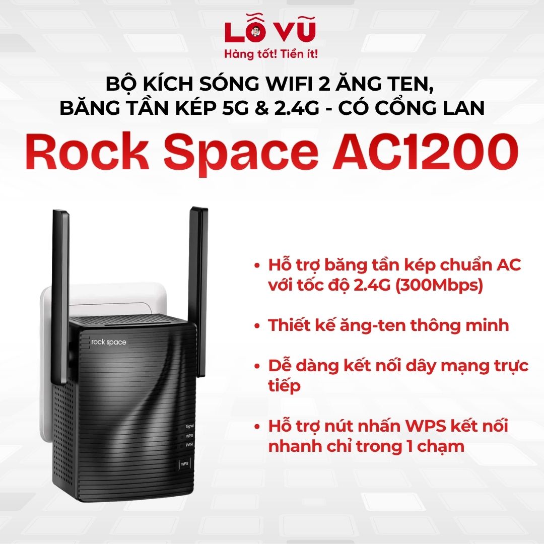 Bộ kích sóng Wifi Rock Space AC1200 , 2 ăng ten, băng tần kép 5G & 2.4G - có cổng LAN
